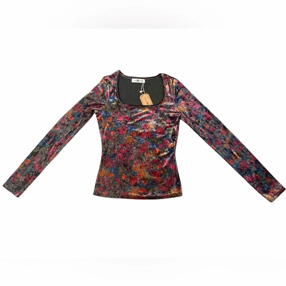 NWT Natural Life Floral Velvet Long Sleeve Top Boho Fitted Size Small - Picture 2 of 4